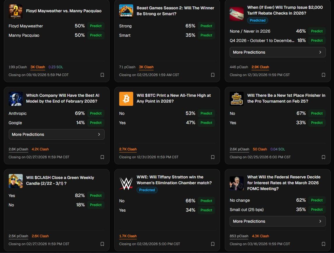 ClashPicks prediction markets — live events across crypto, sports, and culture